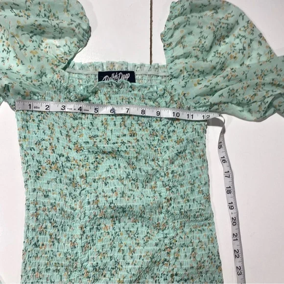 Roll’n Deep Clothing Company BlueishGreen Smocked  Ballon Sleeves Floral Dress L - Picture 13 of 13